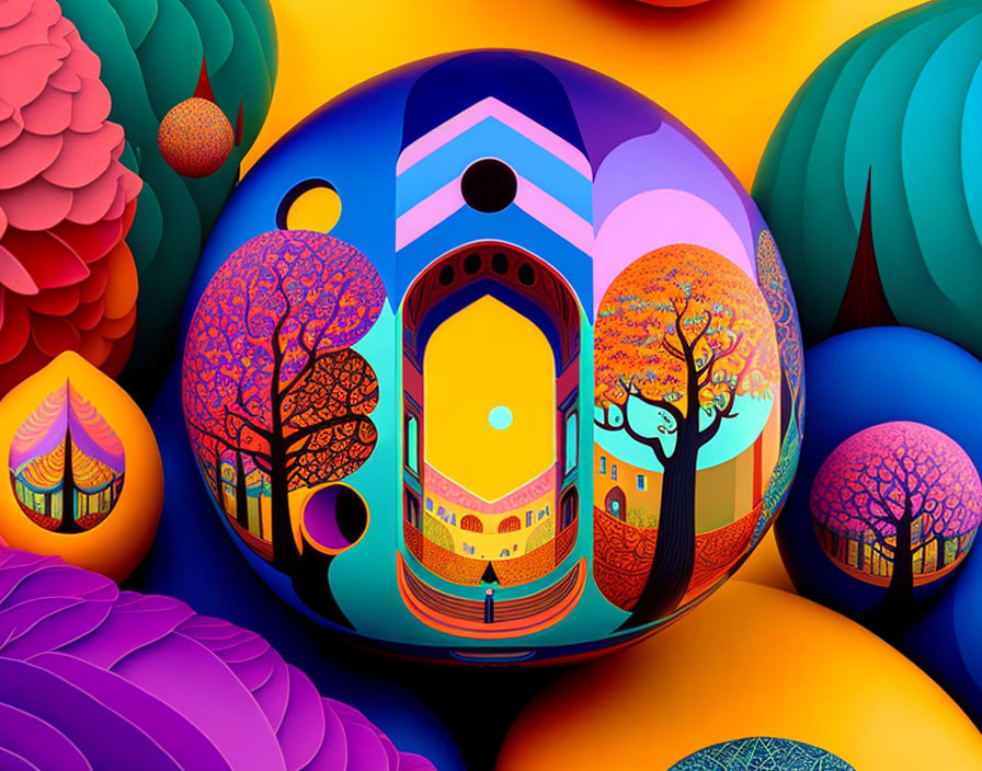 Colorful surreal landscape with whimsical egg-shaped building and stylized trees.