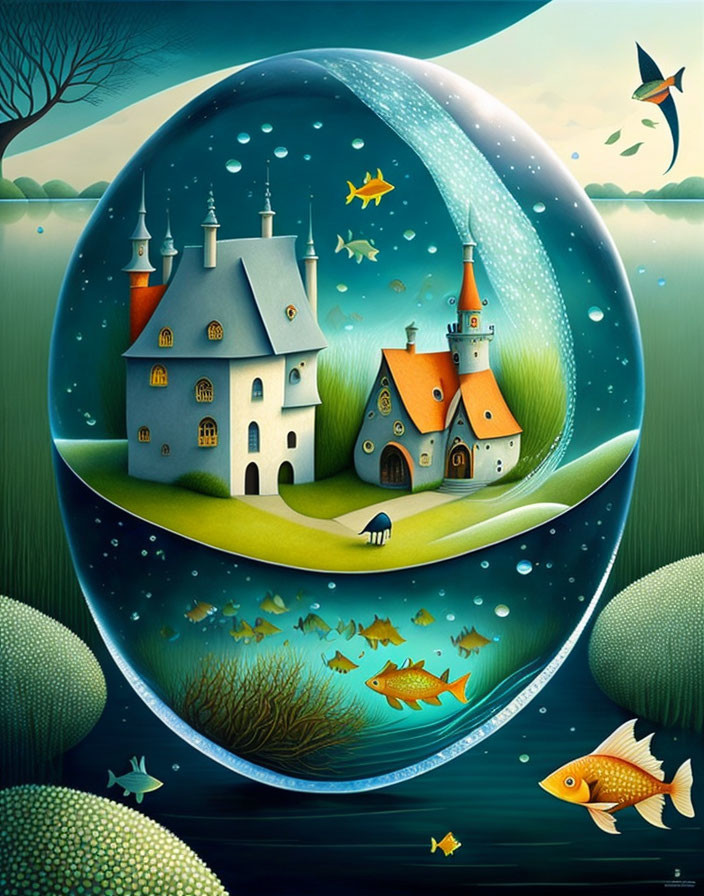 Whimsical fishbowl illustration with fairy-tale landscape, castle, fish, and seabed