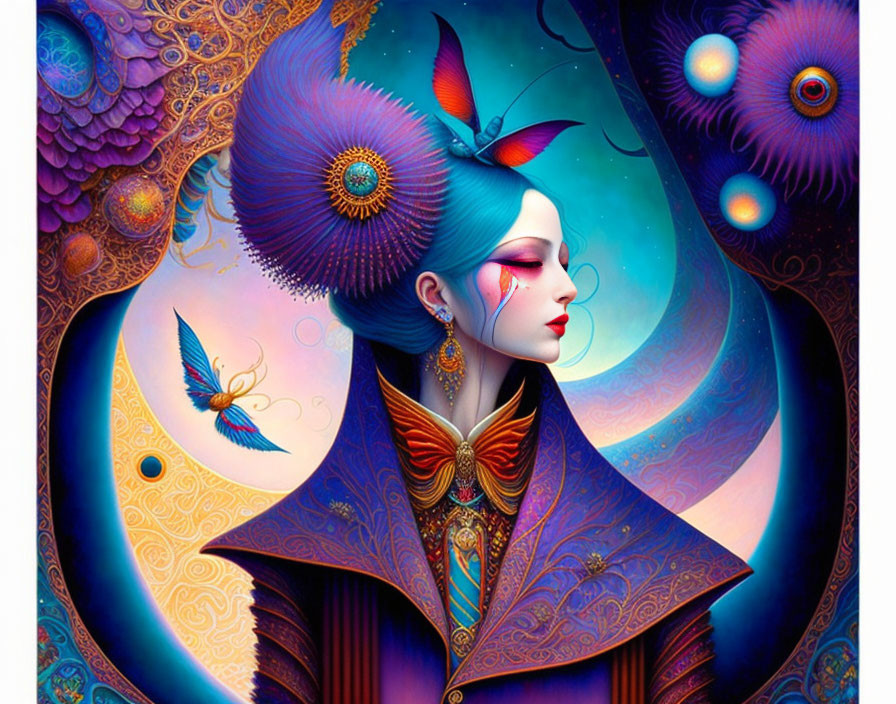 Colorful woman with blue hair and butterfly-adorned attire in cosmic setting