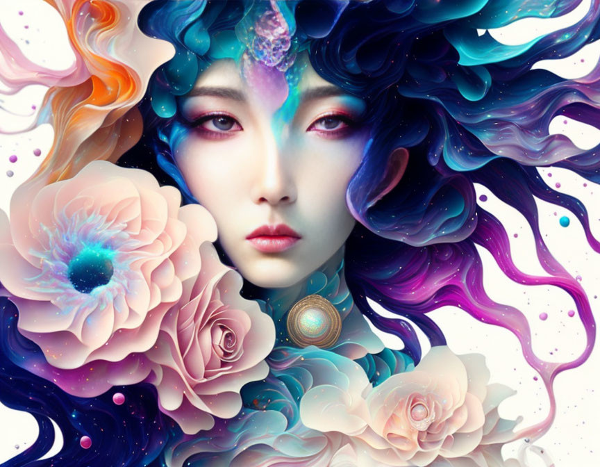 Vibrant digital artwork of woman's face with flowing hair and flowers