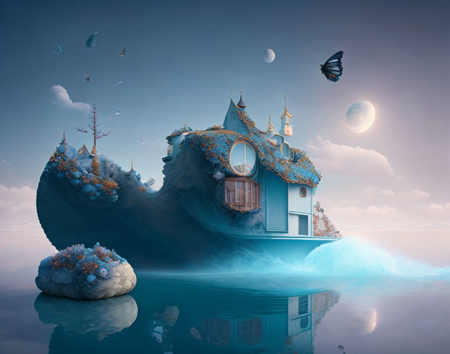 Whimsical house on a wave with blue flowers, flying fish, and butterfly under serene sky