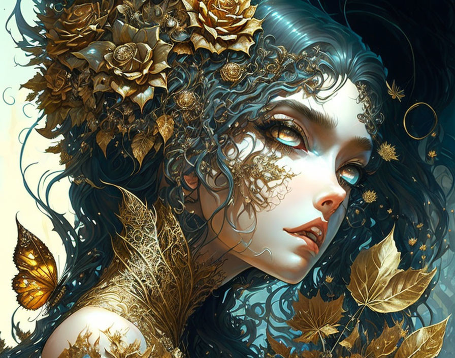 Fantasy illustration of woman with golden leaf adornments and butterfly.