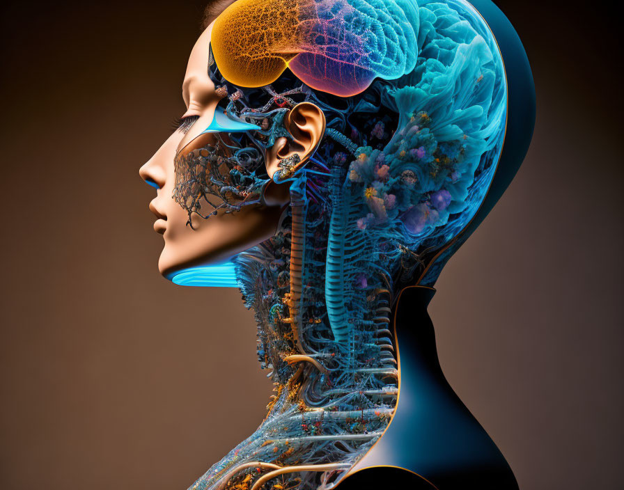 Digital artwork: Human profile with floral and mechanical brain fusion