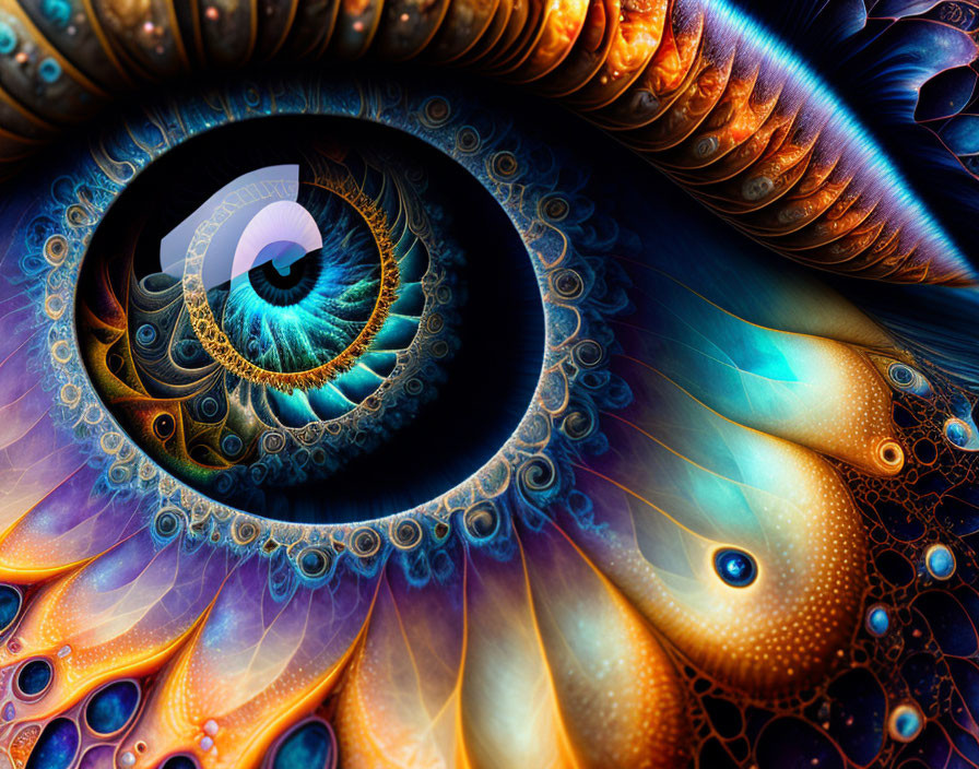 Colorful fractal eye art with feather and scale patterns