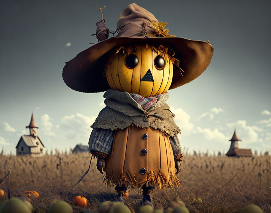 Anthropomorphic Pumpkin Scarecrow in Pumpkin Field Village Scene