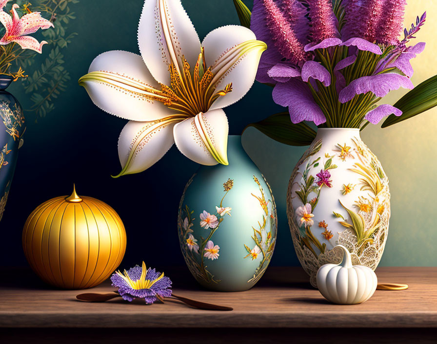 Ornate vases with blooming flowers on wooden surface