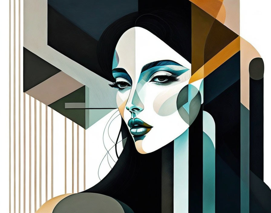 Geometric abstract art of a woman's face with contrasting colors.