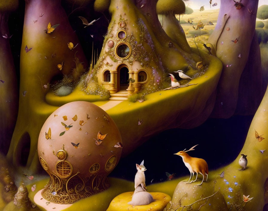 Surreal landscape with golden domes, avian and feline creatures, purple tree-like forms