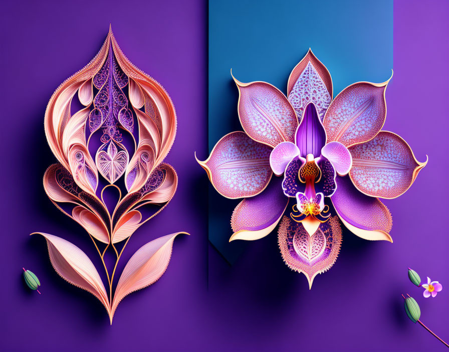 Stylized purple and pink lotus flower artwork with intricate petal designs