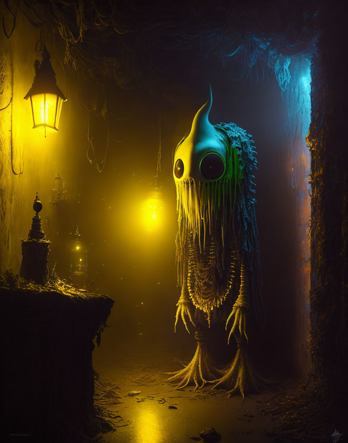 Glowing-eyed whimsical creature in misty alley with lantern light