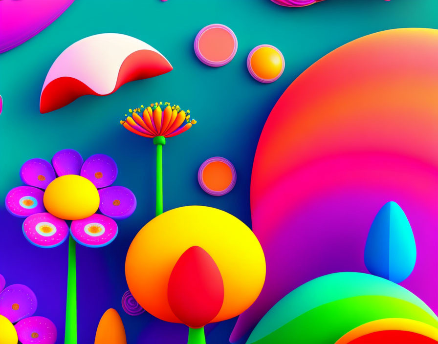 Colorful Abstract Digital Art: Vibrant Flowers & Shapes on Teal