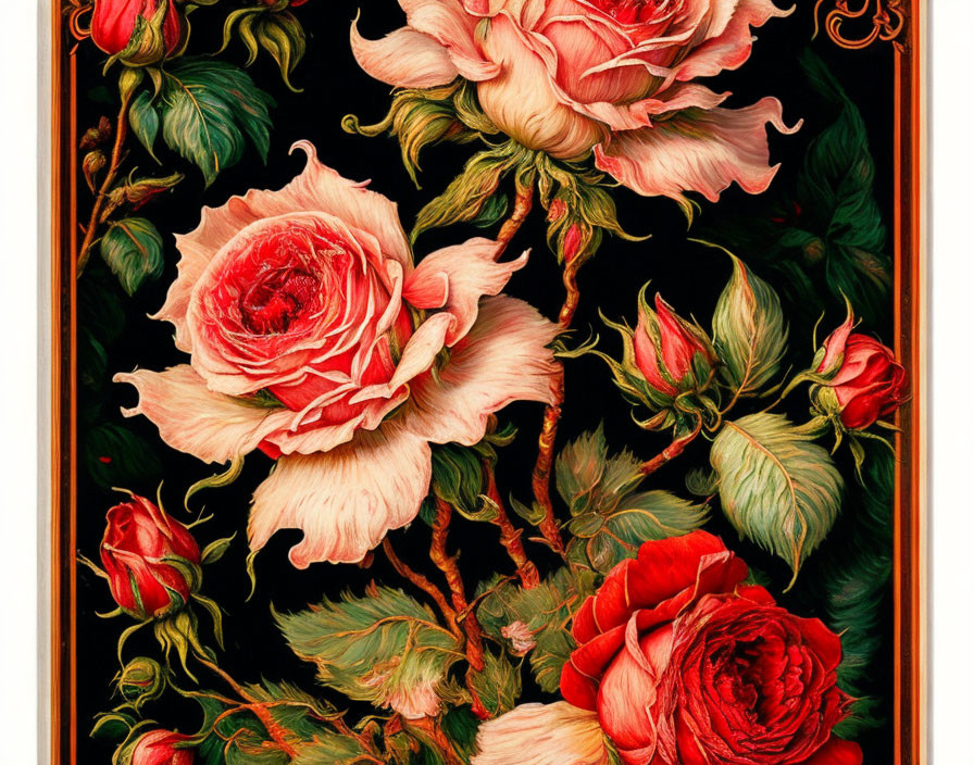 Colorful illustration of blooming roses on dark background