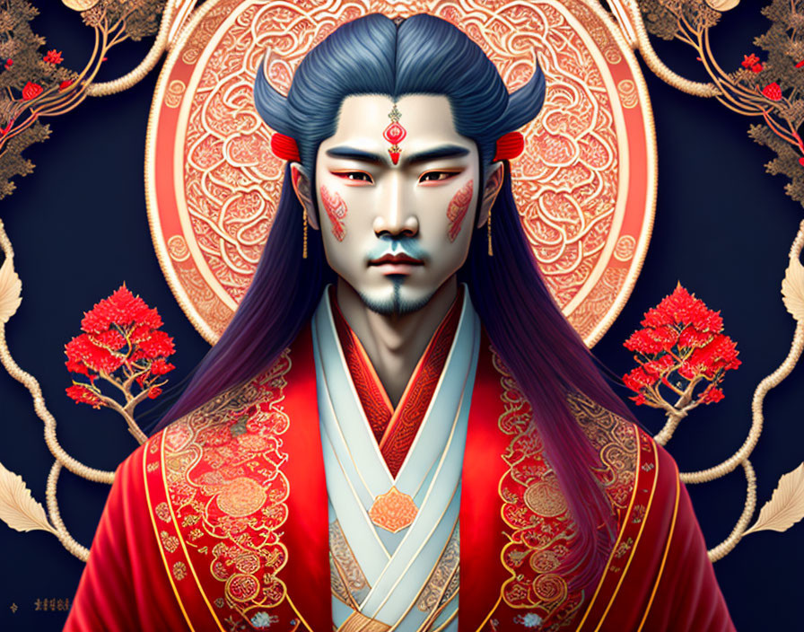 Illustrated male figure in red traditional garments against floral backdrop