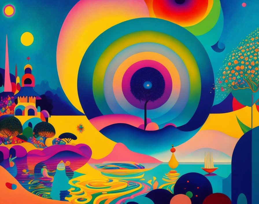 Colorful surreal landscape with whimsical structures under gradient sky