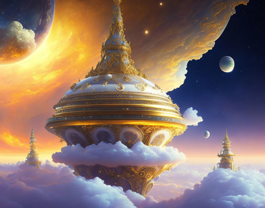 Golden temples floating in surreal sky with planets and nebula