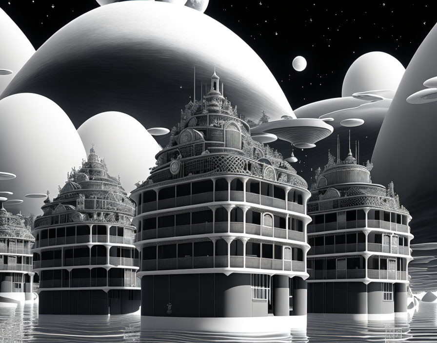 Monochromatic surreal landscape with intricate layered architecture on water