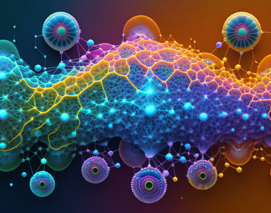 Colorful Microscopic Neural Network Illustration of Cell-like Structures