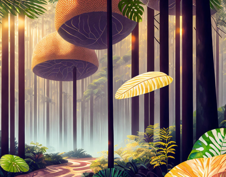 Enchanted forest with sunlight, tall trees, and glowing mushroom structures