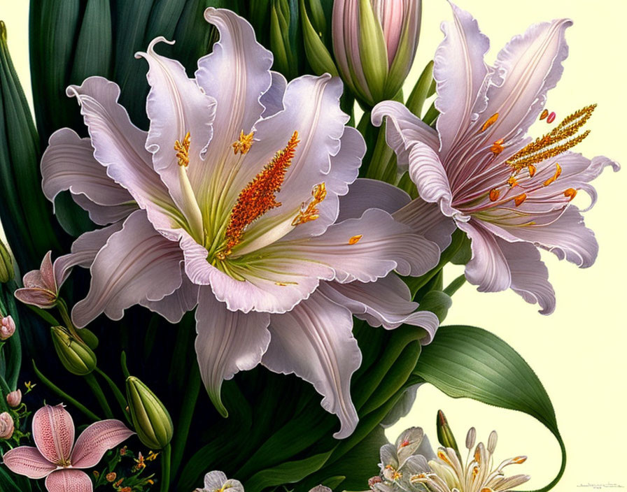 Detailed Pale Pink Lilies Illustration with Green Foliage