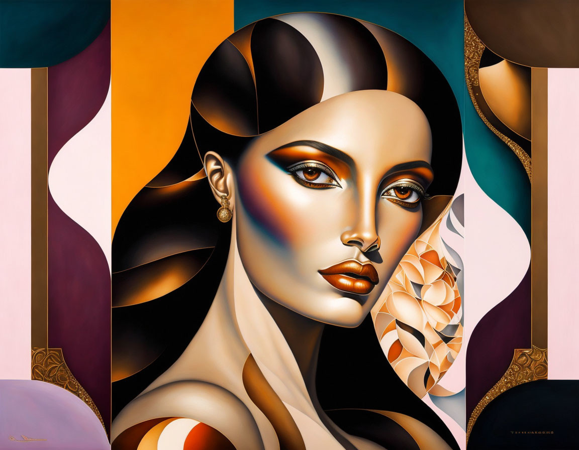 Colorful geometric patterns on stylized woman - modern meets classical.