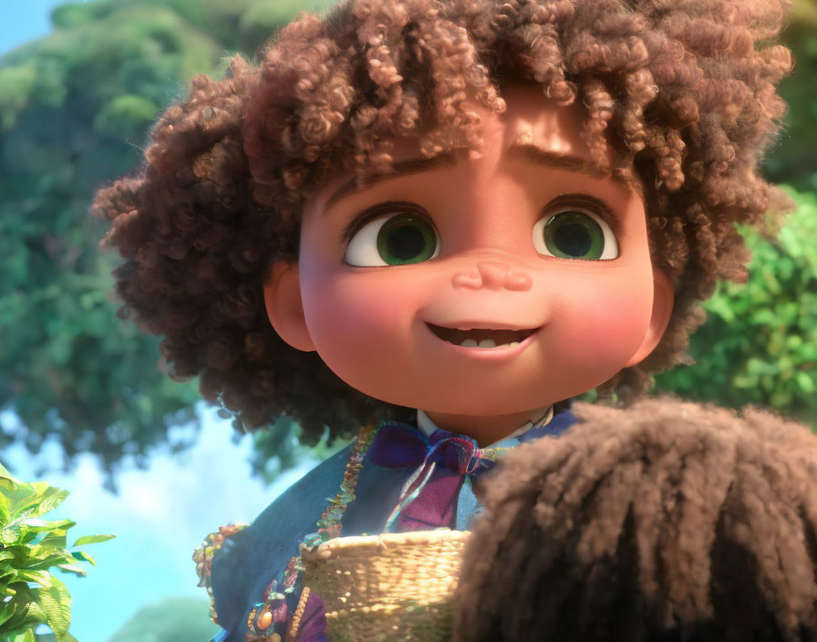 Curly-Haired Animated Character in Blue Outfit Smiling in Green Setting