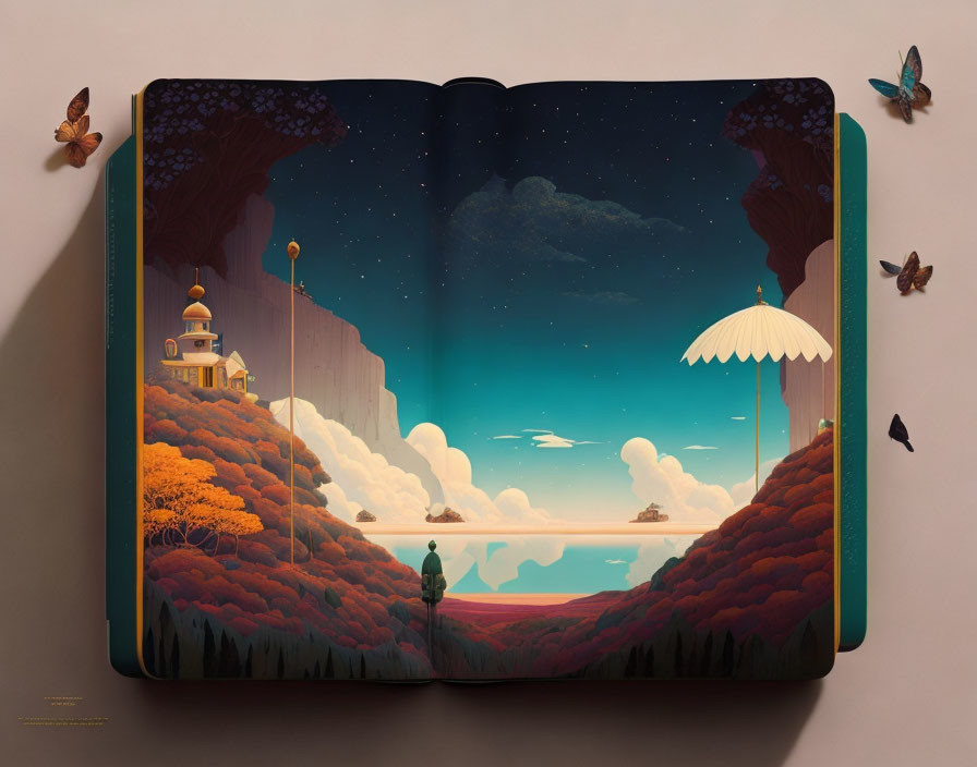 Illustrated Book: Night Scene with Lone Figure, Cliff Buildings, Umbrella, and Butterflies