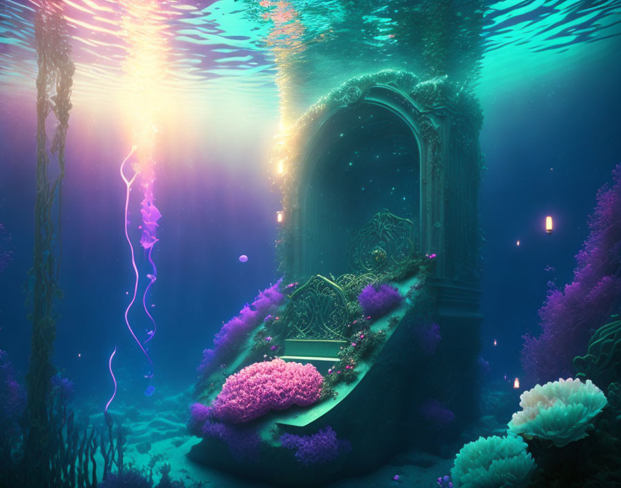 Colorful Coral Surrounds Luminous Underwater Doorway