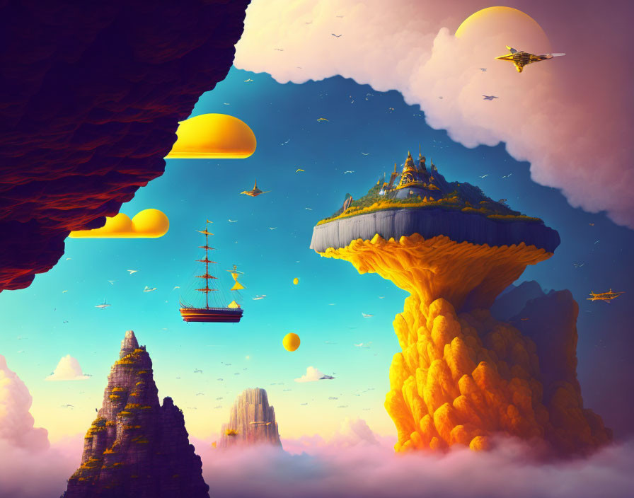 Fantastical scene: Floating islands, sky ships, and colorful skies