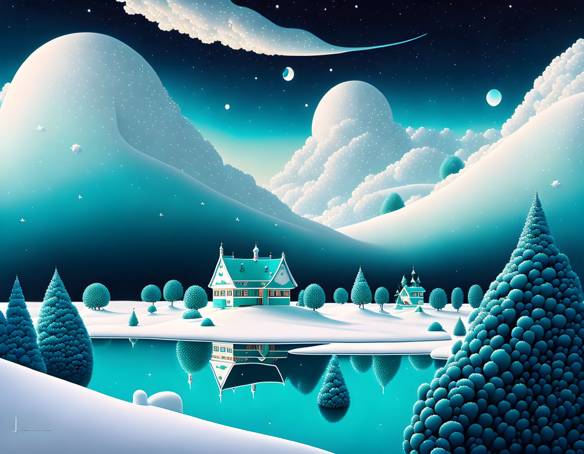 Whimsical winter landscape with hills, lake, houses, and starlit sky