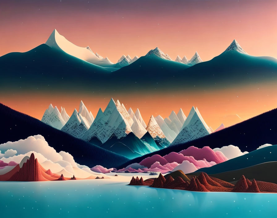 Vibrant digital art: Snow-capped mountains in blue, pink, and orange hues