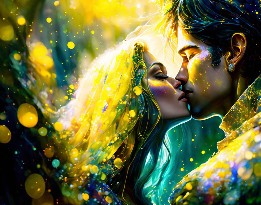 Digital artwork: Couple in intimate moment surrounded by colorful lights