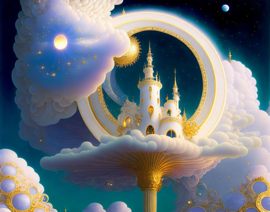 Celestial castle illustration on fluffy clouds in starry sky