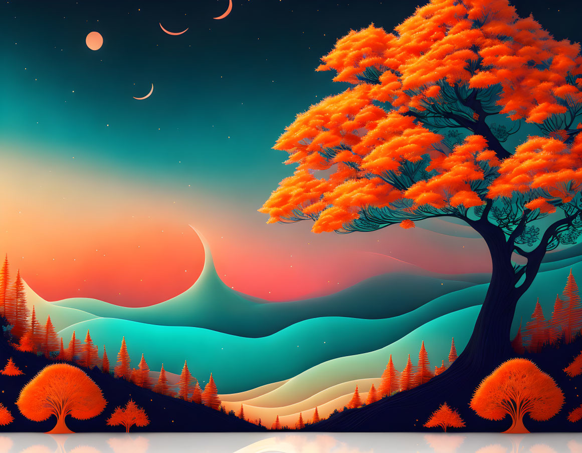 Fantasy landscape with orange foliage, starry sky, and teal hills.