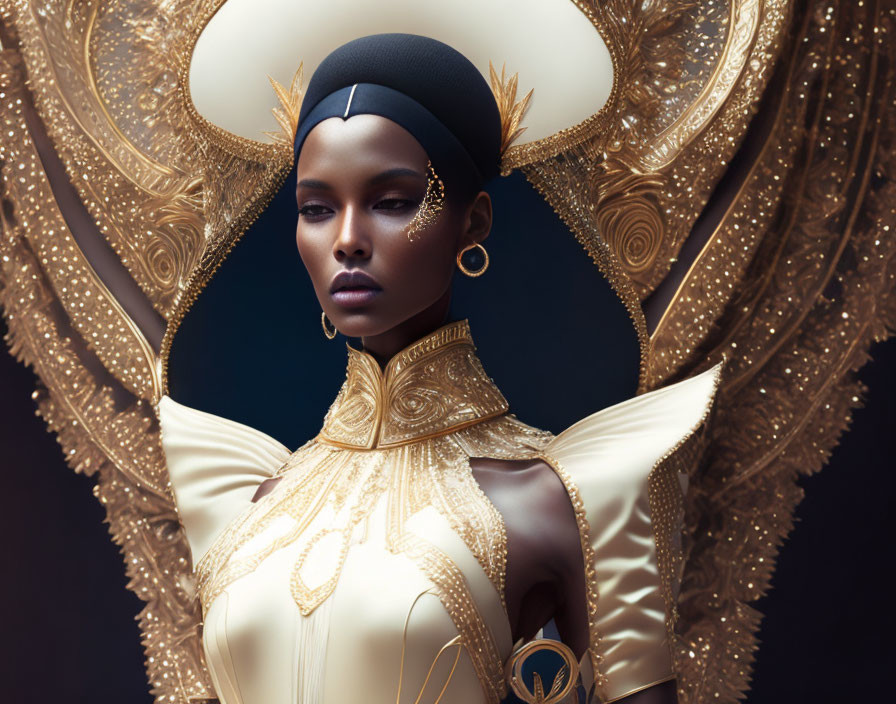 Striking woman in gold and white outfit with ruffled collar and ornate headpiece