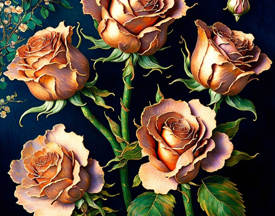 Vibrant copper roses in full bloom on dark background