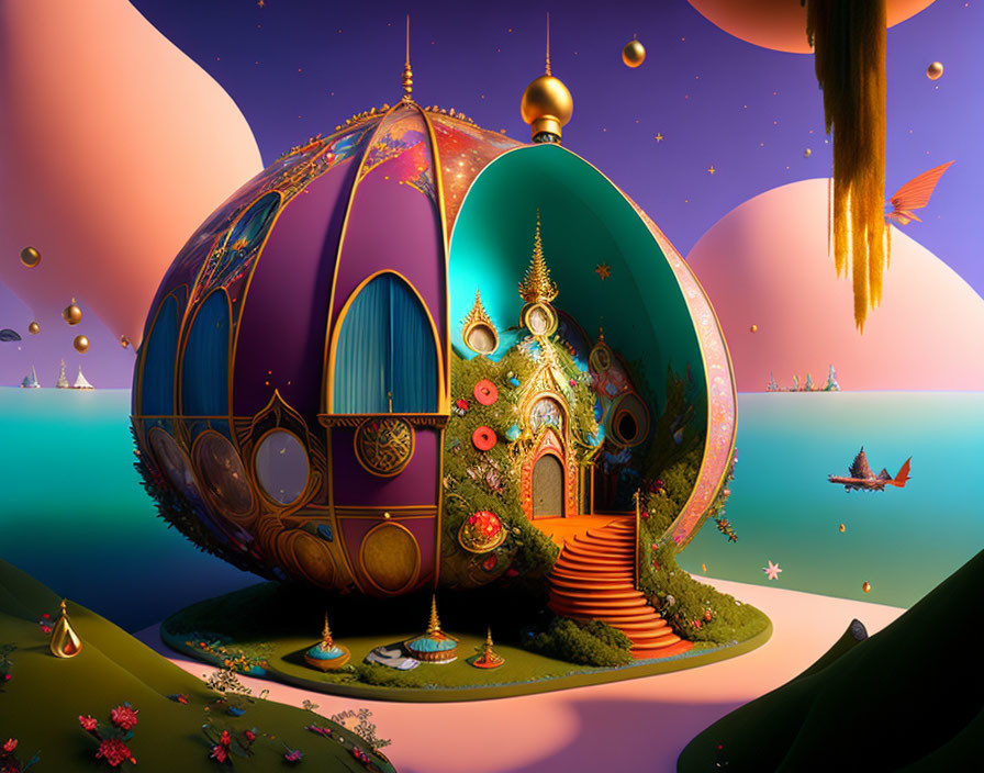 Colorful Egg-shaped Structure in Surreal Landscape with Ornate Doors