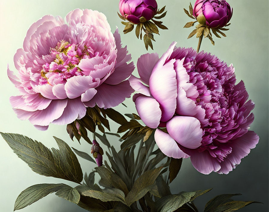 Pink Peonies in Full Bloom with Dark Green Foliage on Neutral Background