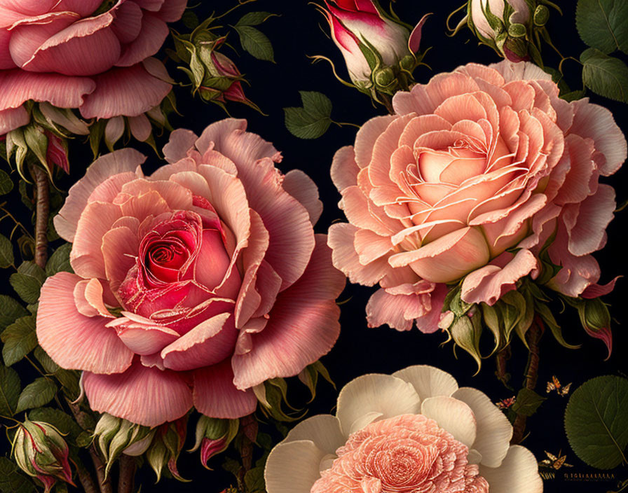 Detailed image of pink and peach roses on dark background