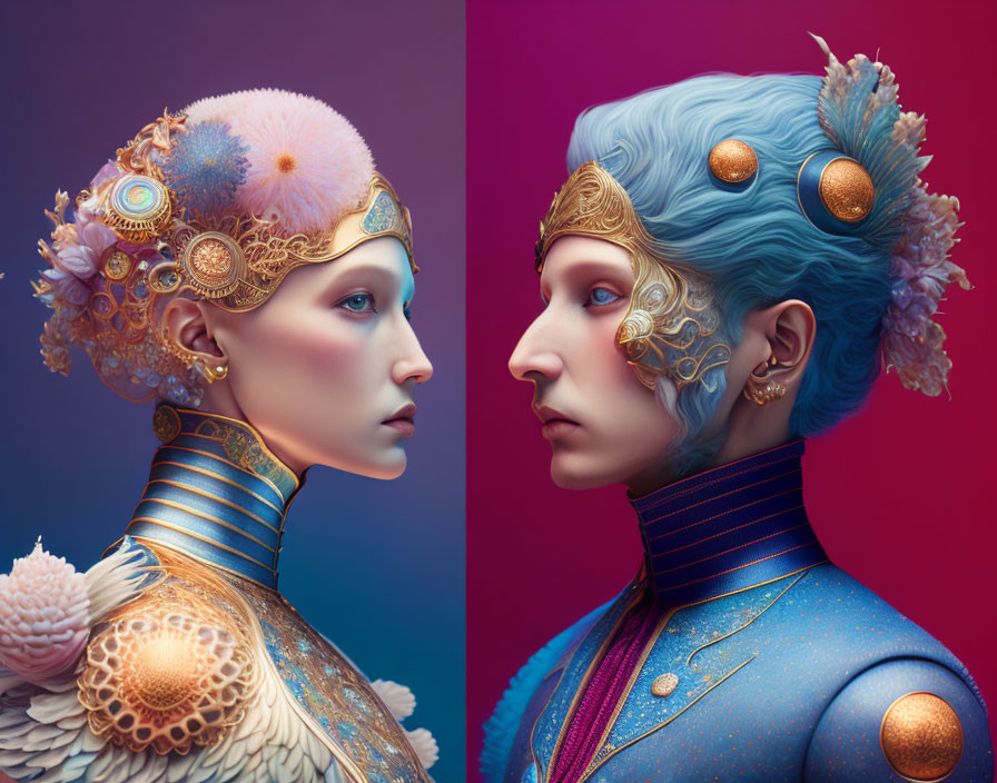 Regal figures with gold headpieces and blue hair on colorful gradient background