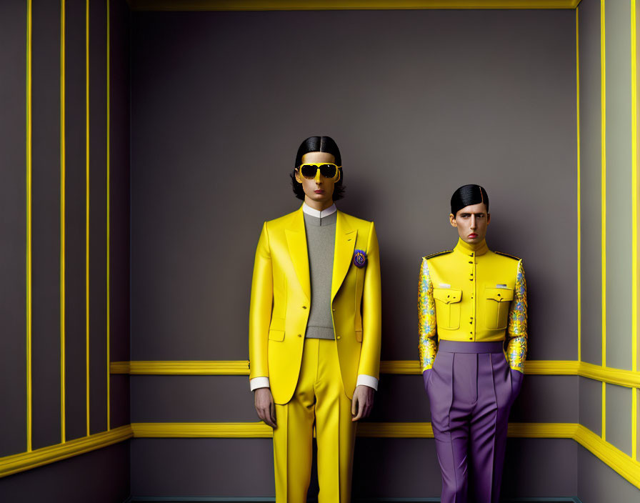 Fashion models in yellow and purple outfits against gray wall with yellow accents.