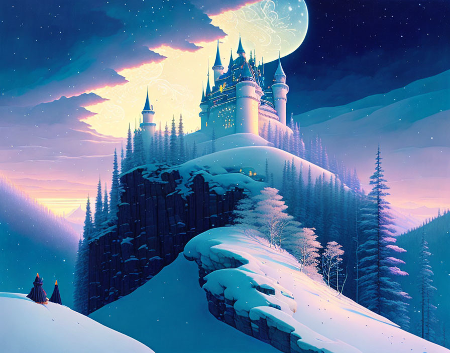 Enchanted castle on snowy cliff under starry sky with moon, winter forest, and cloaked