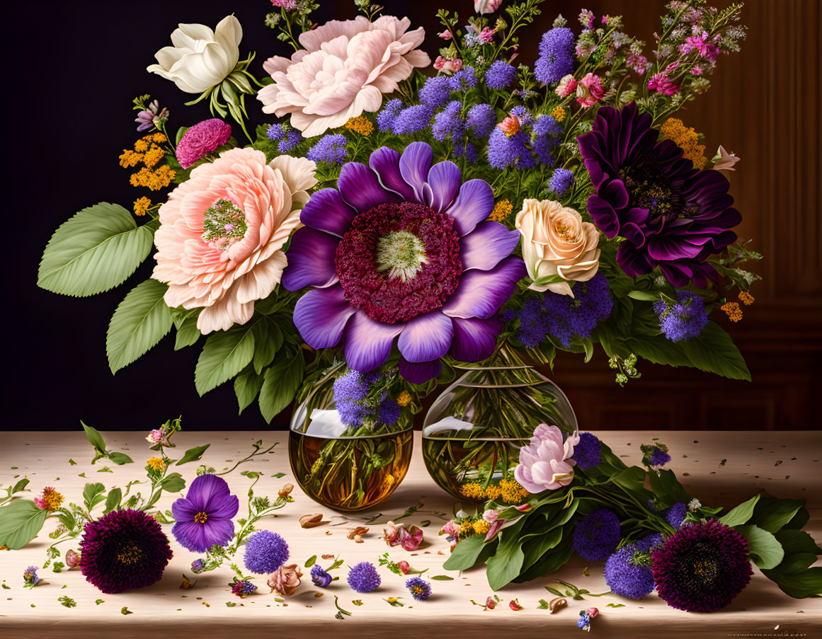 Bouquet of Roses and Peonies in Transparent Vases on Wooden Surface