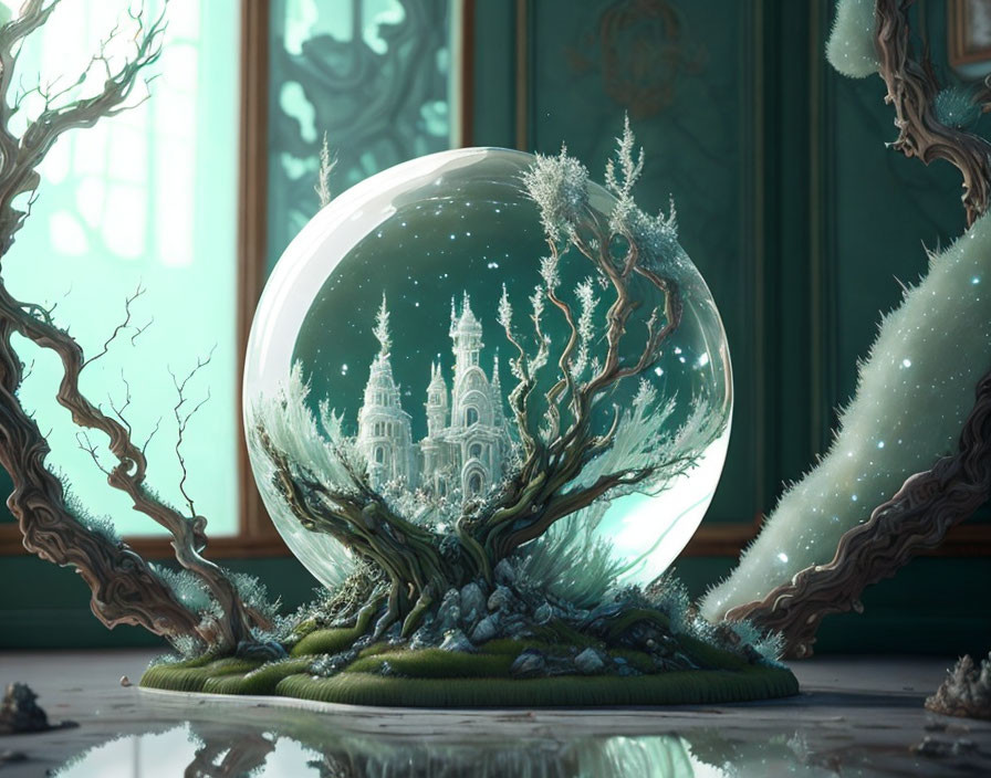 Crystal ball with glowing castle in snowy landscape and bare trees.