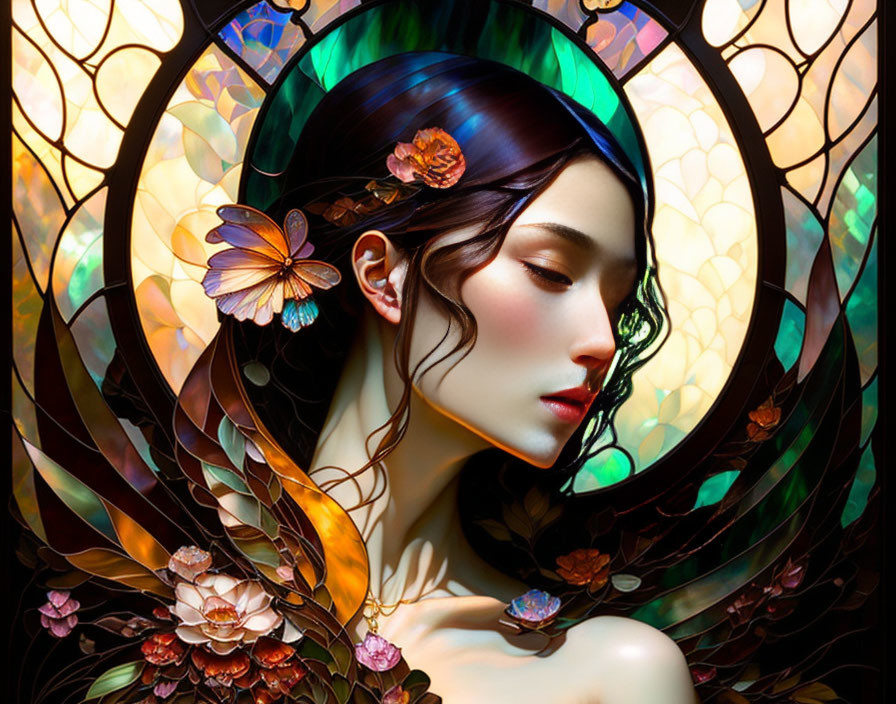 Digital artwork featuring serene woman against stained glass backdrop.