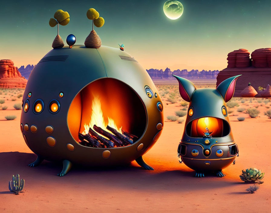 Animated desert scene with alien spaceship and cozy fire at dusk