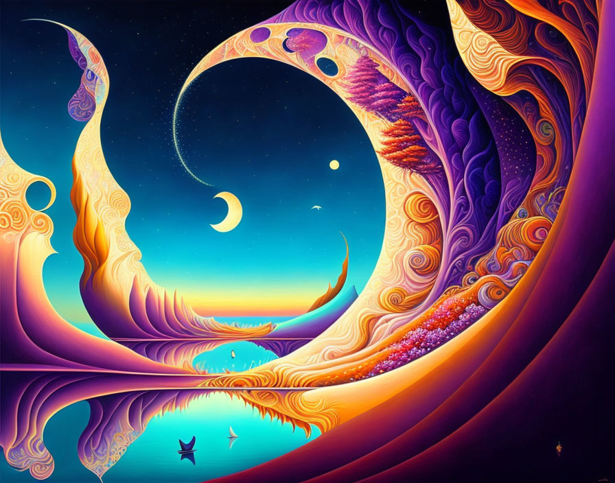 Surreal landscape: swirling purple and orange hues, starry sky, crescent moons, sil