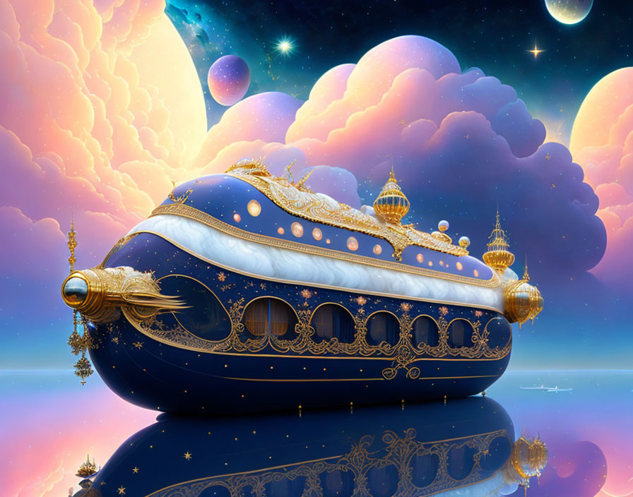 Colorful Airship with Golden Accents in Vibrant Sky