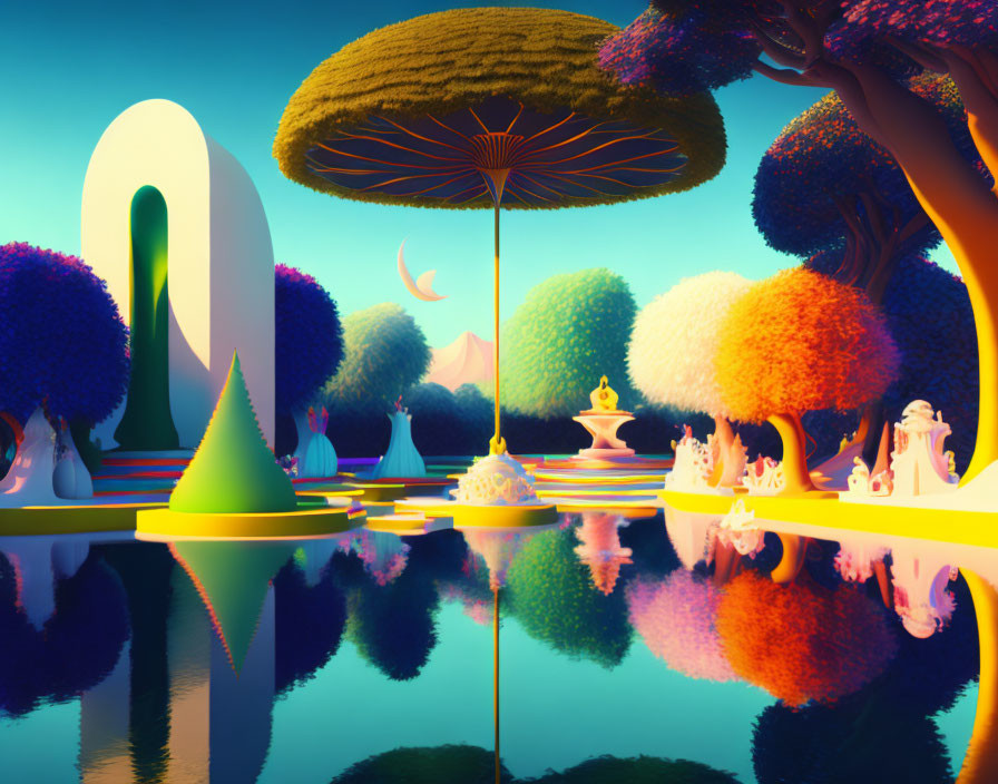 Colorful Trees, Reflective Water, Whimsical Structures, Large Crescent Moon in Surreal Fantasy