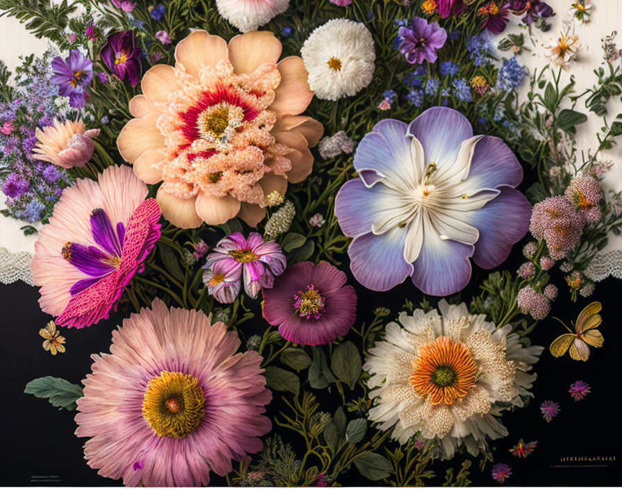 Colorful Flower Collection on Dark Background with Lace Accents