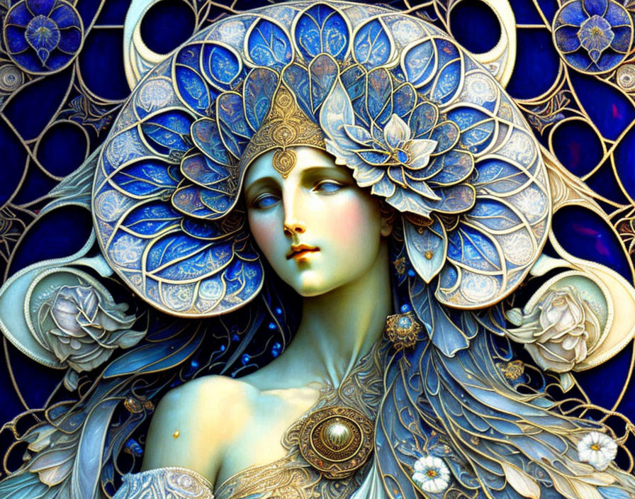 Intricate gold and blue headdress on stylized woman illustration